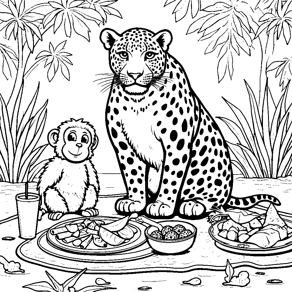 Jaguar having a picnic with its jungle friends