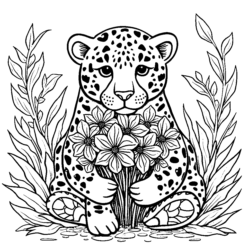 Jaguar holding a bouquet of jungle flowers