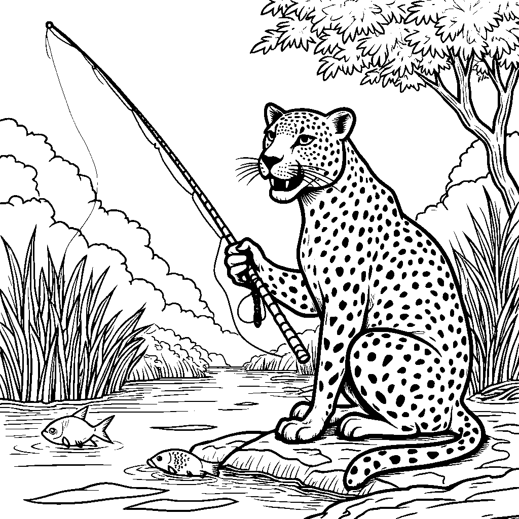 Jaguar holding a fishing rod by a jungle river