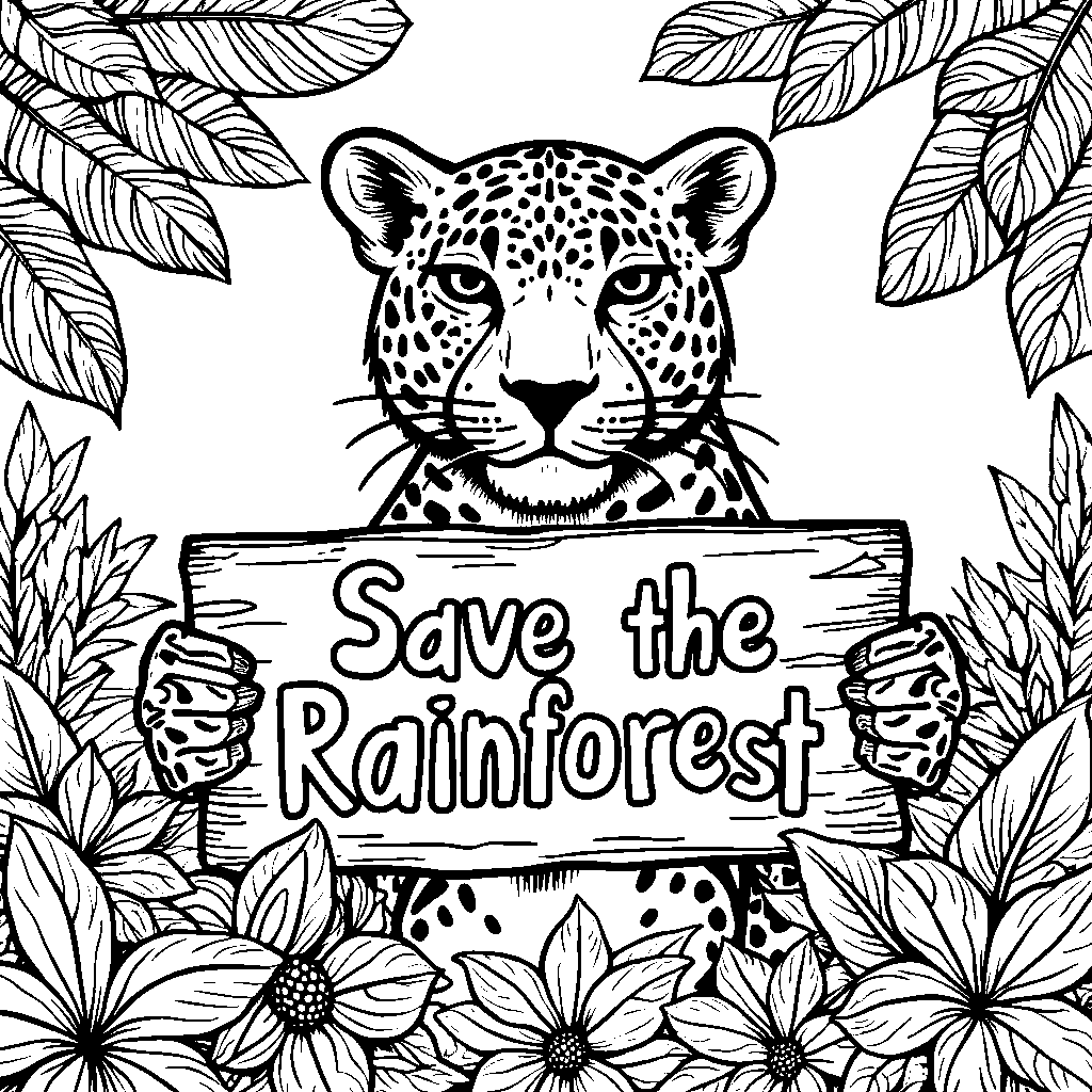 Jaguar holding a sign that says 'Save the Rainforest'