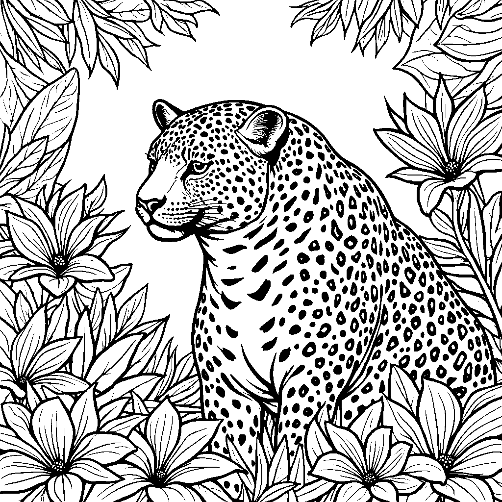 Jaguar in a jungle surrounded by tropical flowers