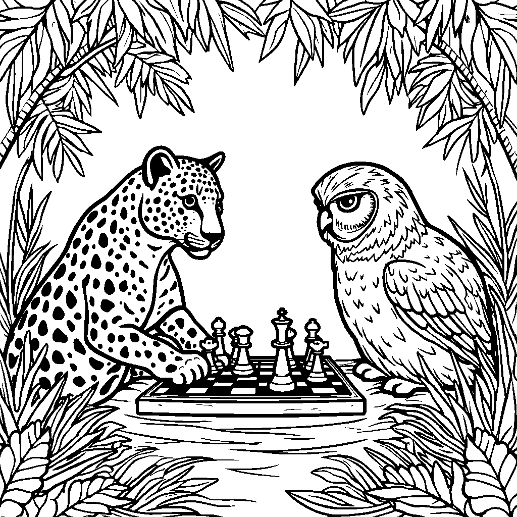 Jaguar playing chess with a wise old owl