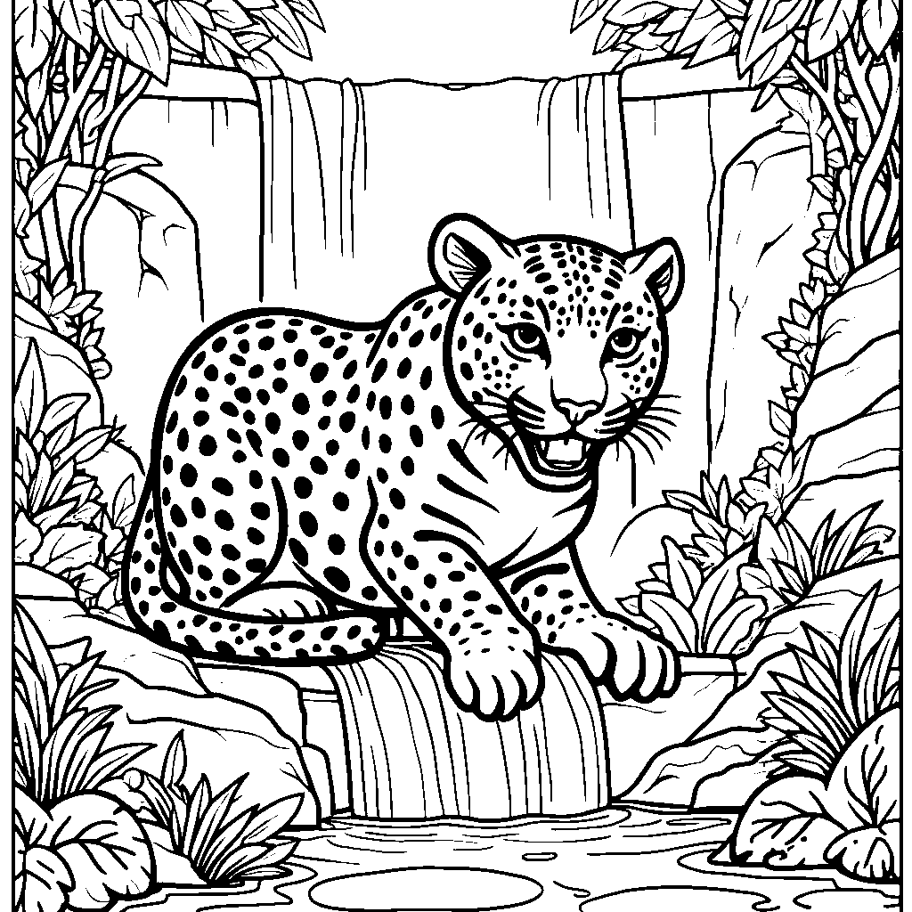 Jaguar playing hide-and-seek behind a waterfall