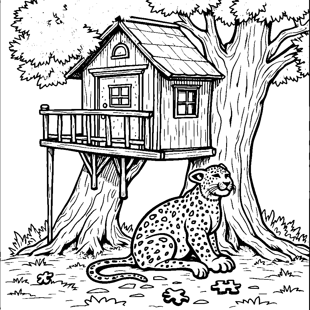 Jaguar playing with a puzzle in a cozy treehouse