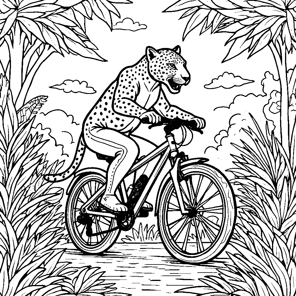 Jaguar riding a bicycle through the jungle