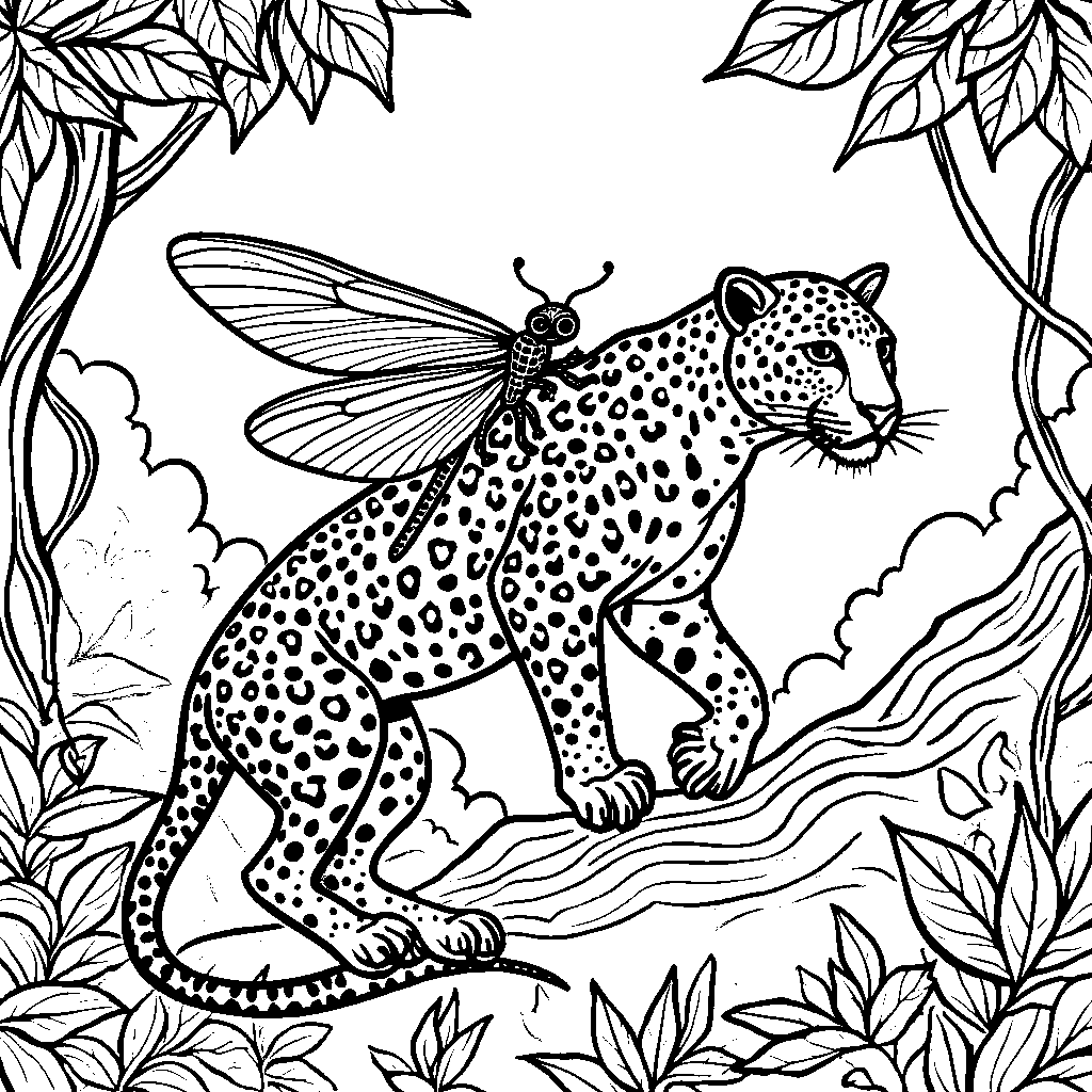 Jaguar riding a dragonfly through the jungle