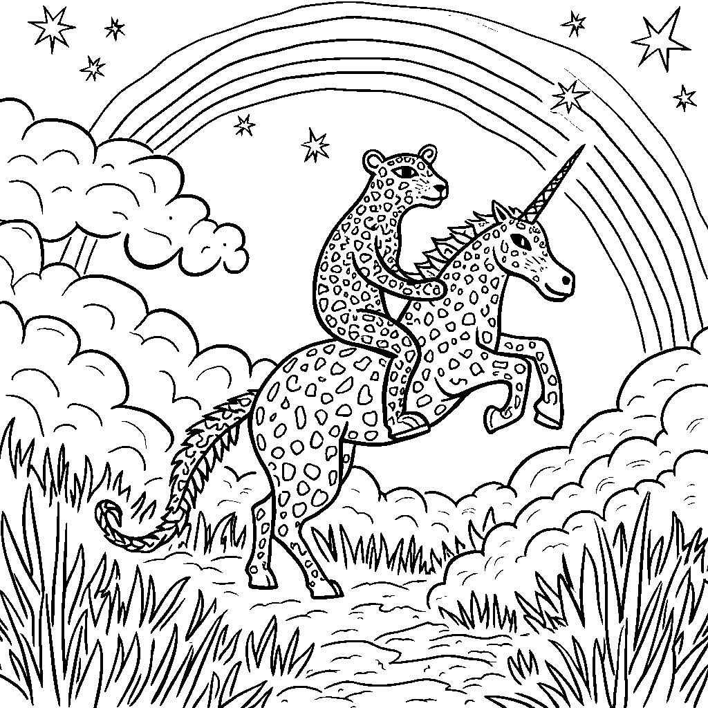 Jaguar riding a unicorn through a rainbow