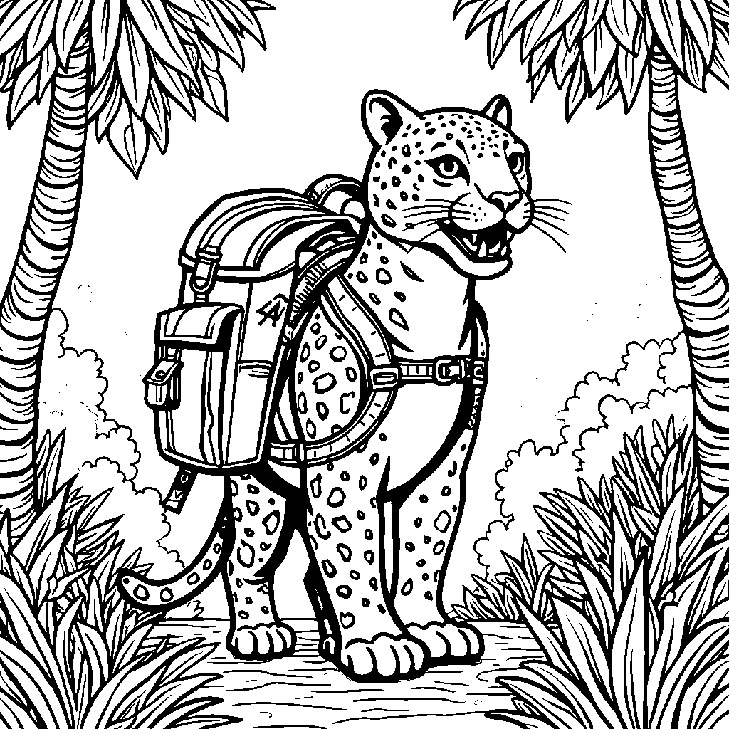 Jaguar wearing a backpack full of adventure gear