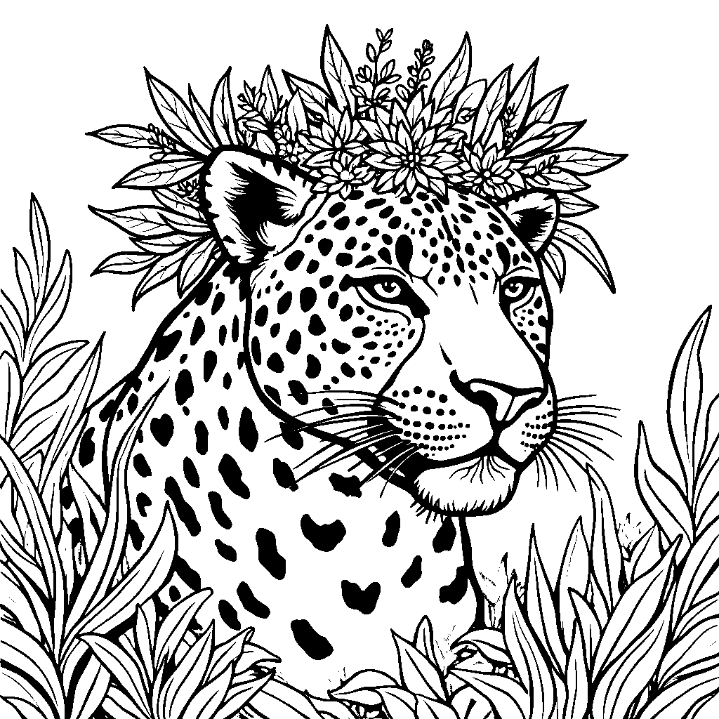 Jaguar wearing a crown made of flowers