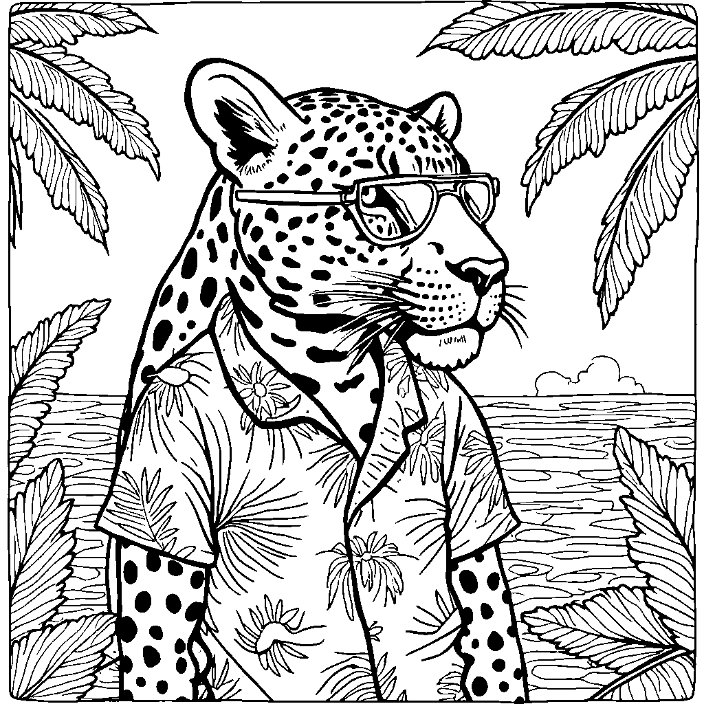 Jaguar wearing sunglasses and a Hawaiian shirt