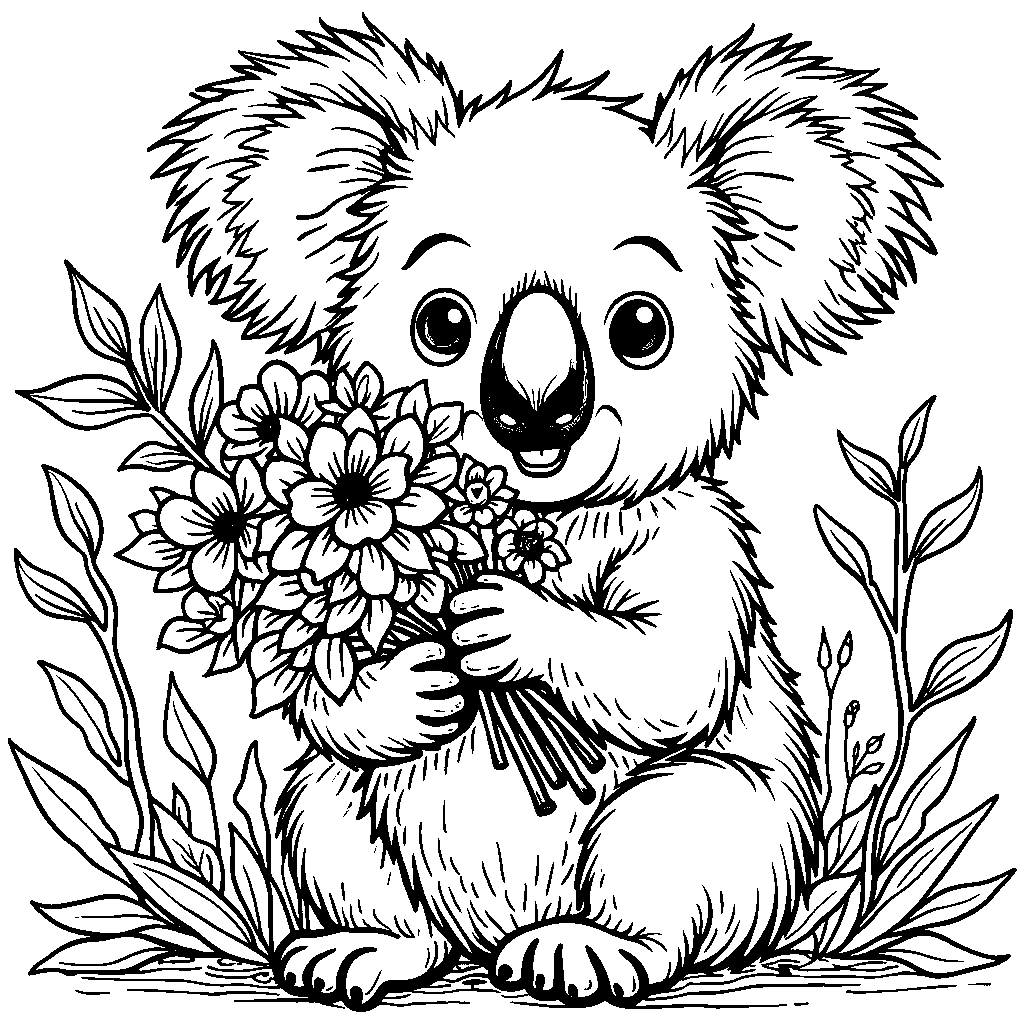 Adorable koala holding a bouquet of flowers