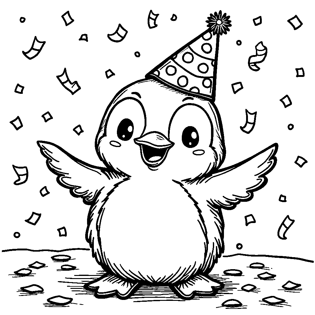 Adorable penguin with a party hat and confetti