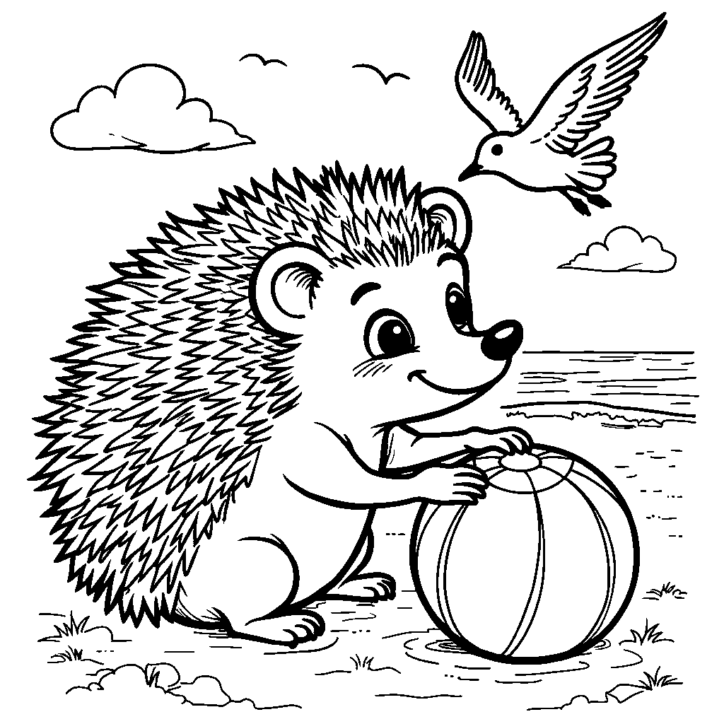 Cute hedgehog playing with a beach ball