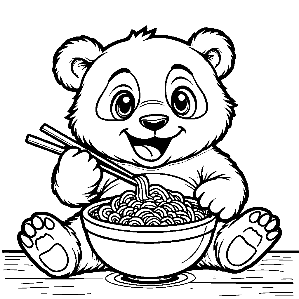 Cute panda eating a bowl of colorful noodles