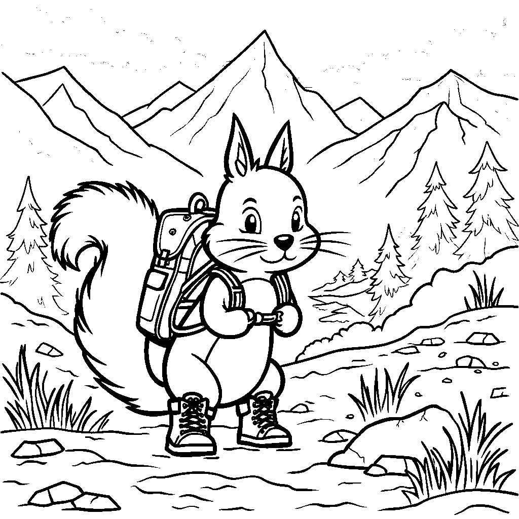 Cute squirrel wearing a backpack and hiking boots