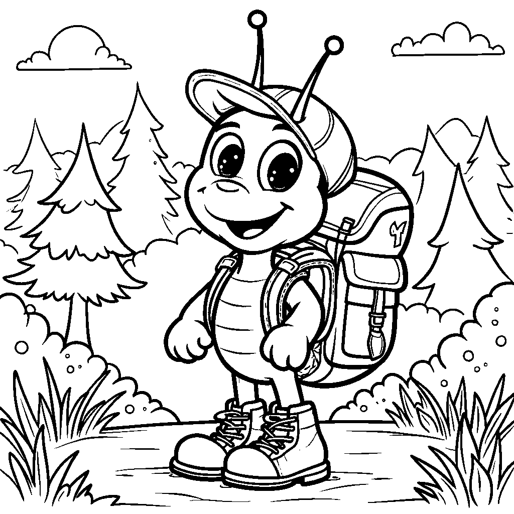 Happy snail wearing a backpack and hiking boots