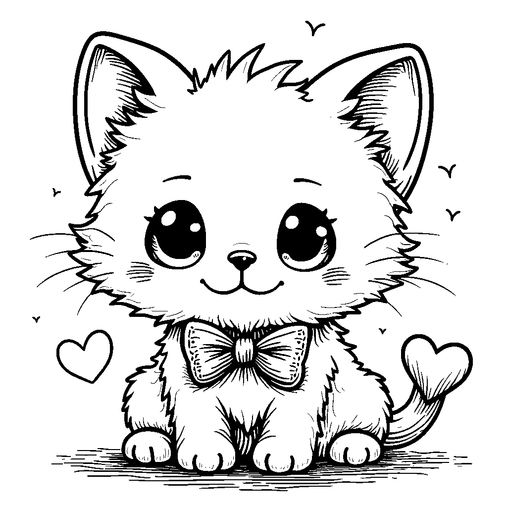 Kawaii cat wearing a bow tie and holding a heart