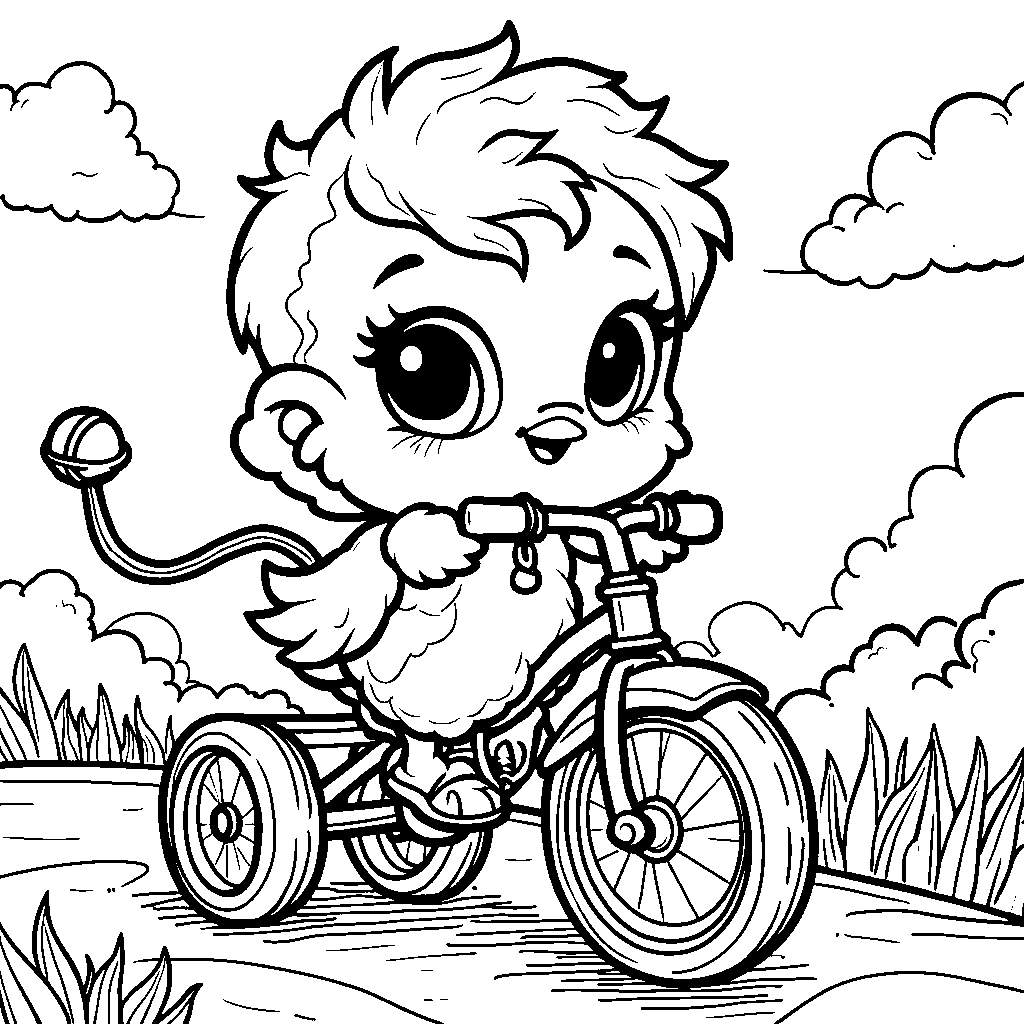 Kawaii chick riding a tricycle