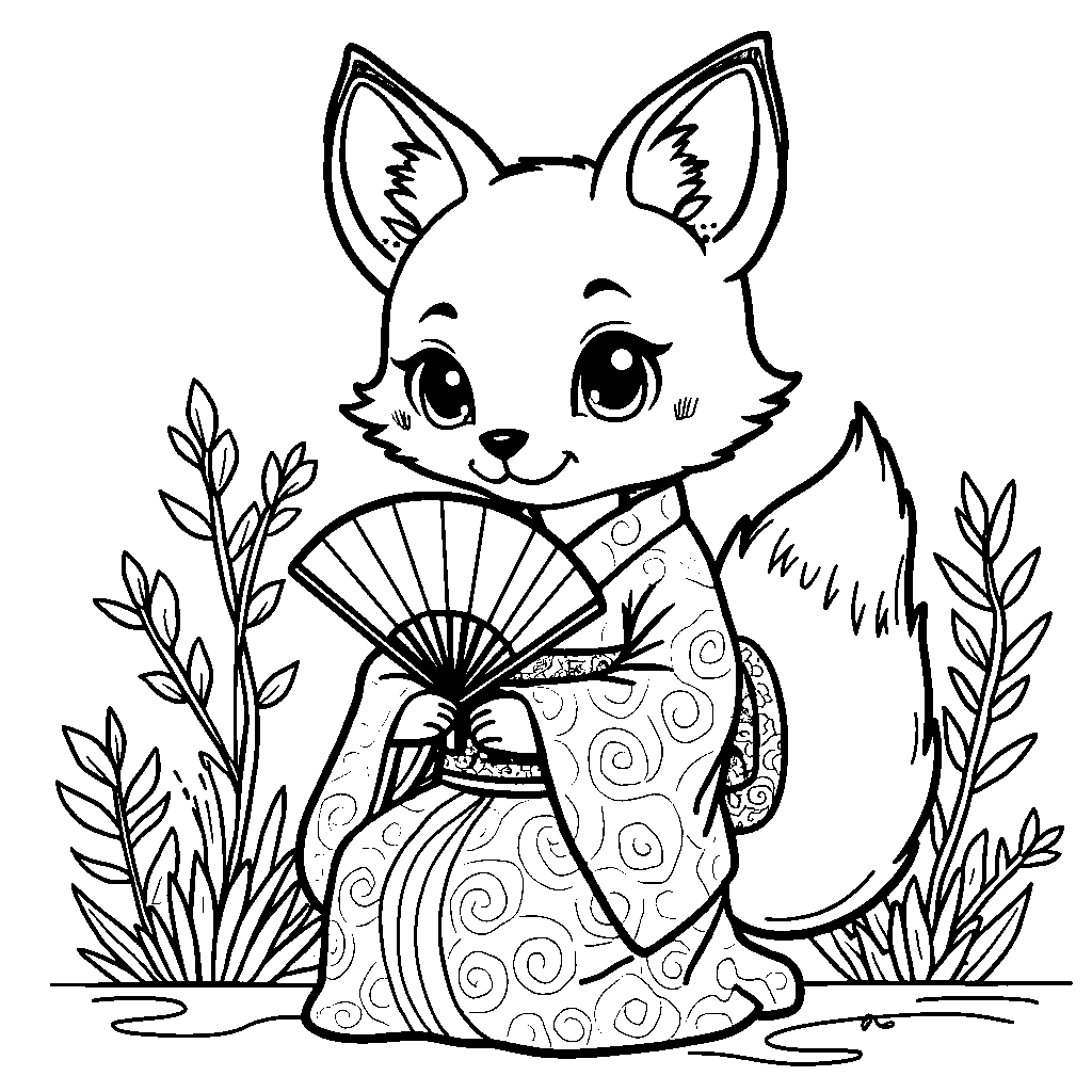 Kawaii fox wearing a kimono and holding a fan