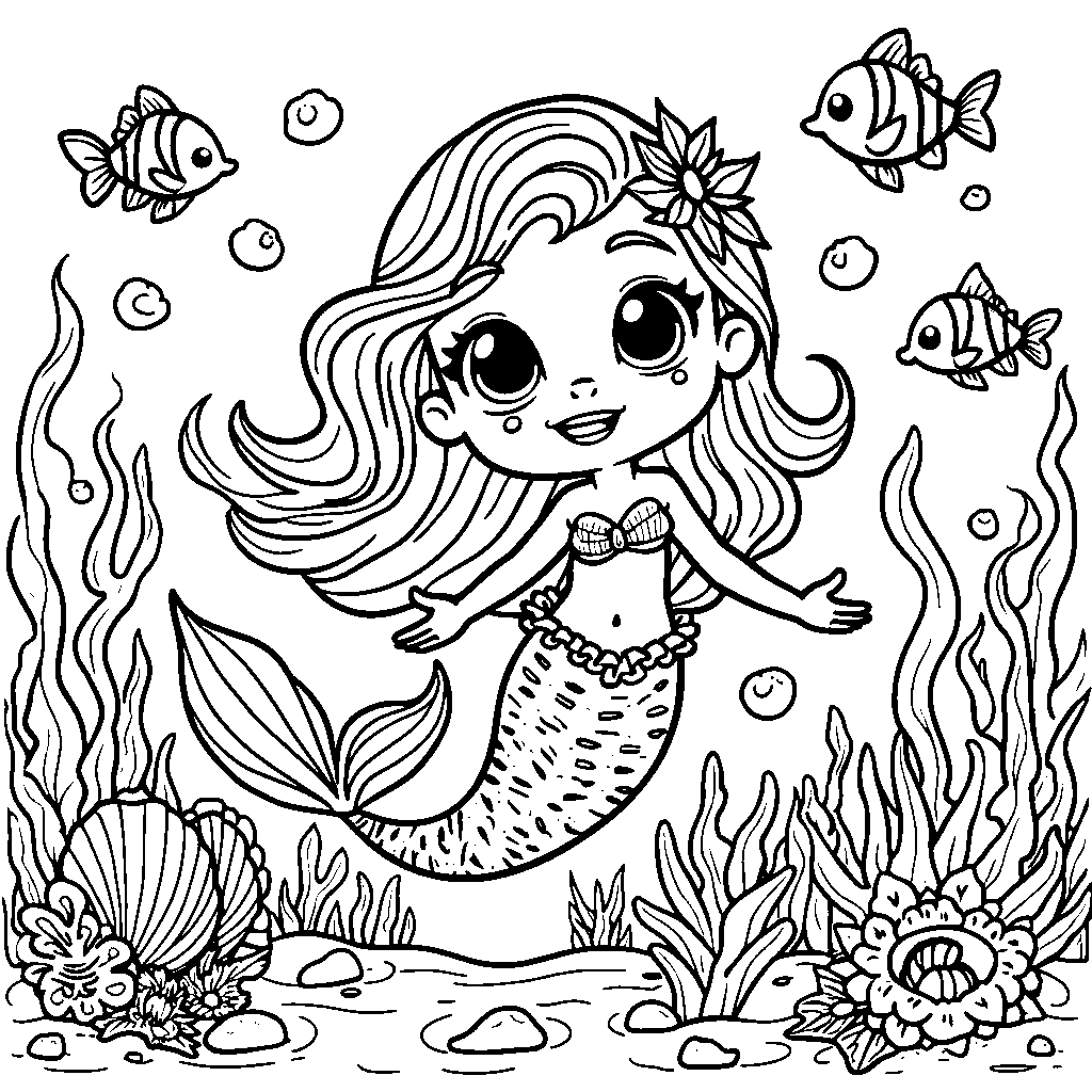 Kawaii mermaid swimming with tropical fish