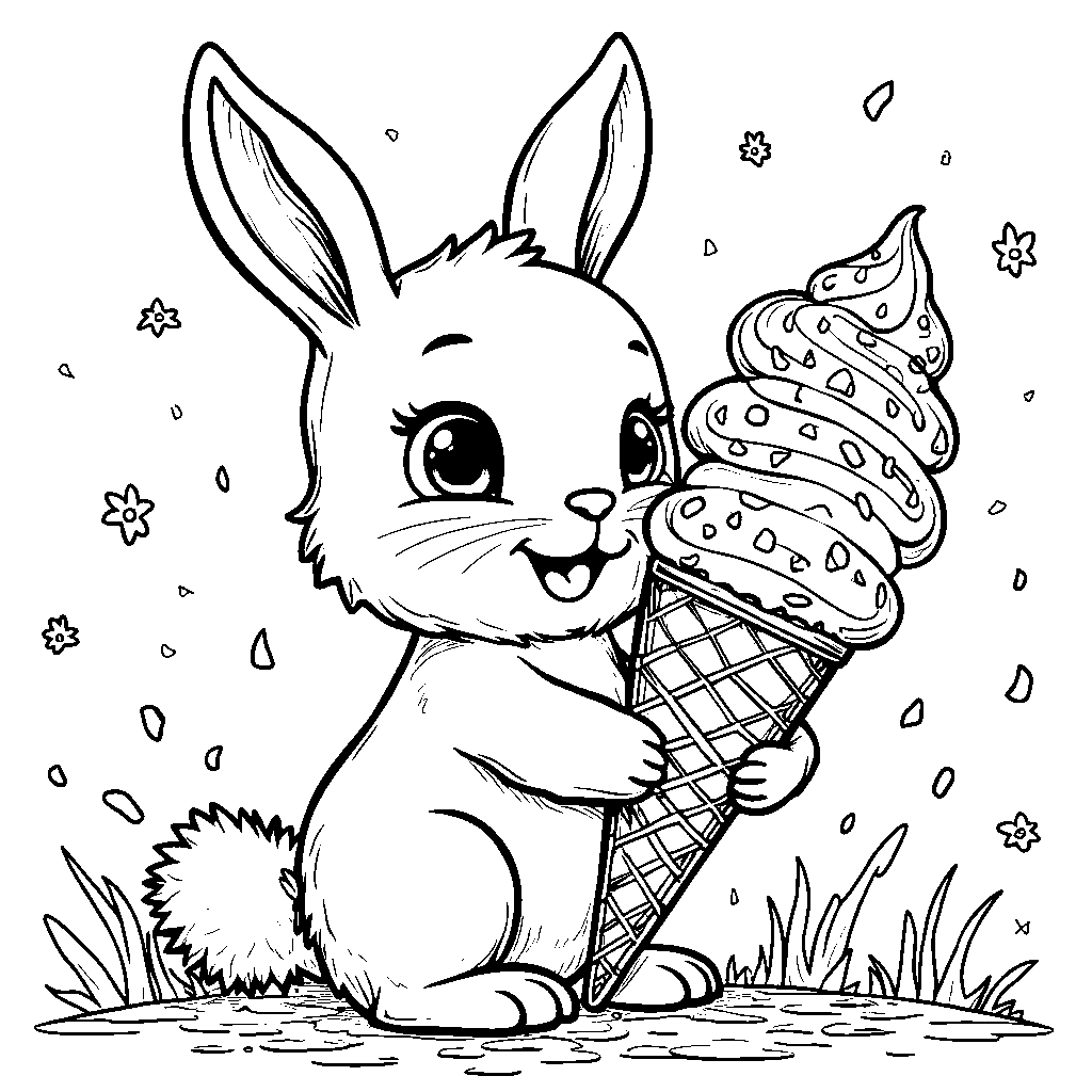 Kawaii rabbit holding a giant ice cream cone