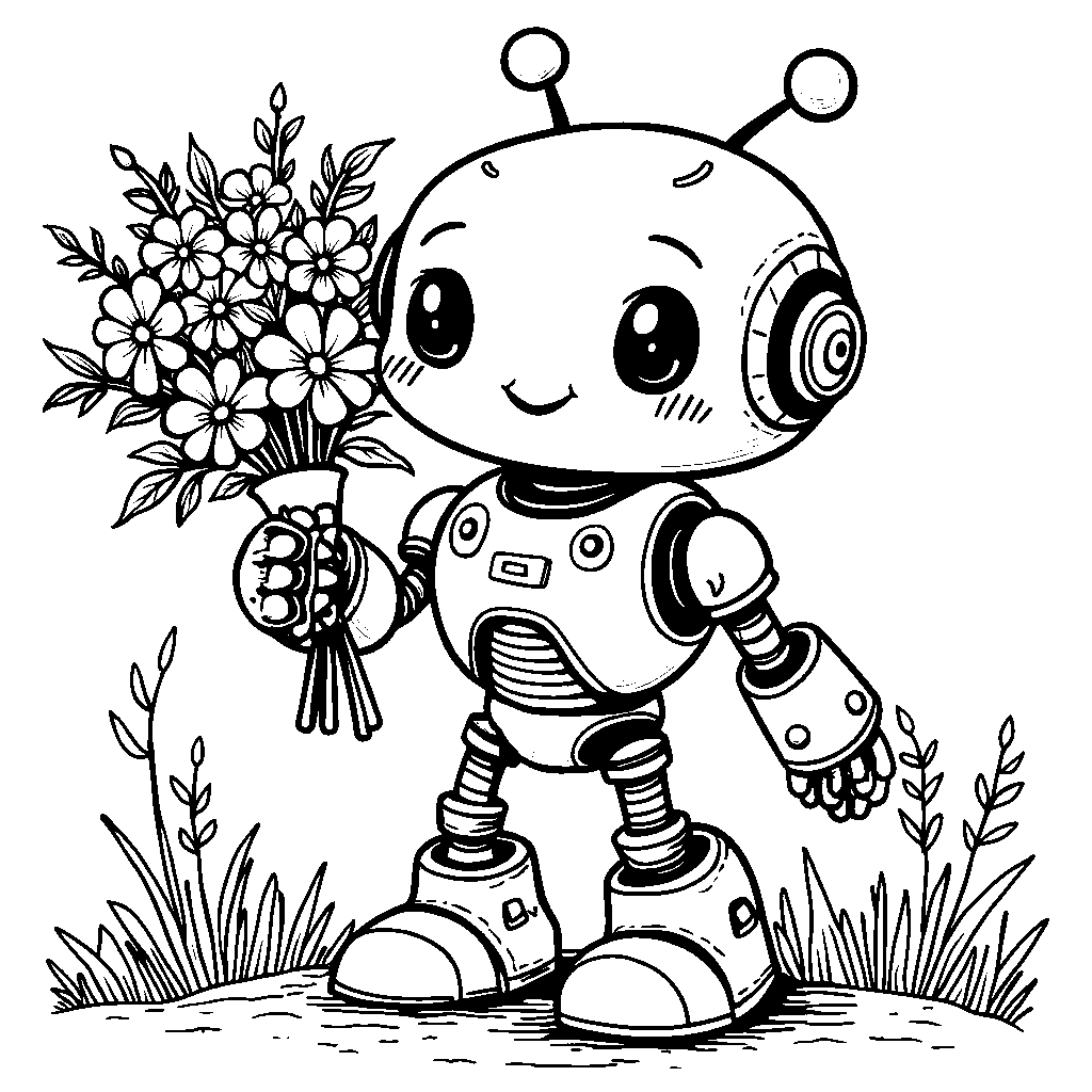 Kawaii robot holding a bouquet of flowers