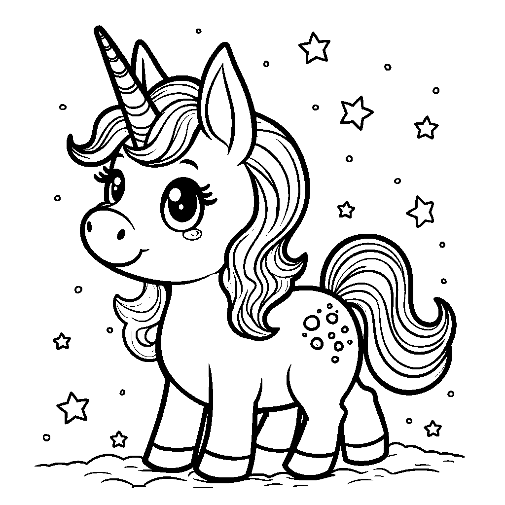 Kawaii unicorn with a rainbow mane and tail