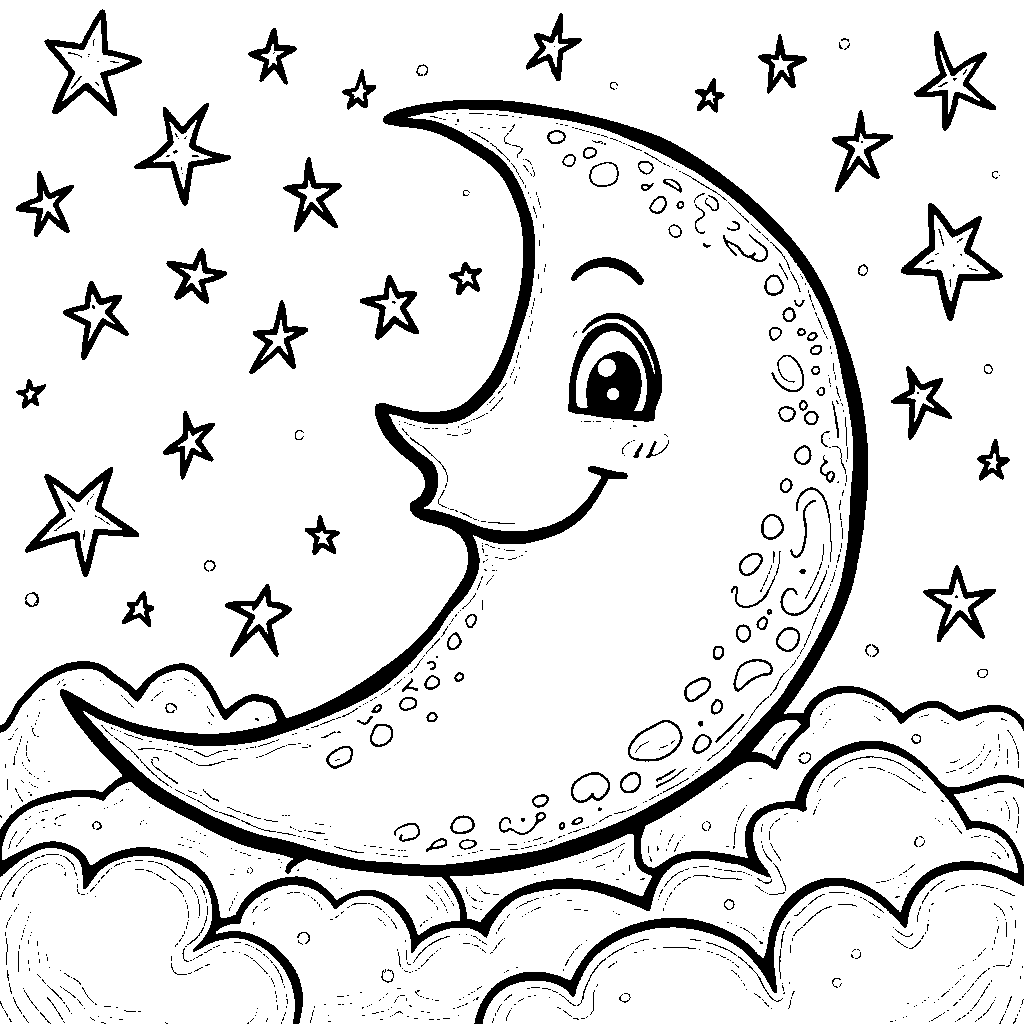 Smiling moon with a smiling face and stars