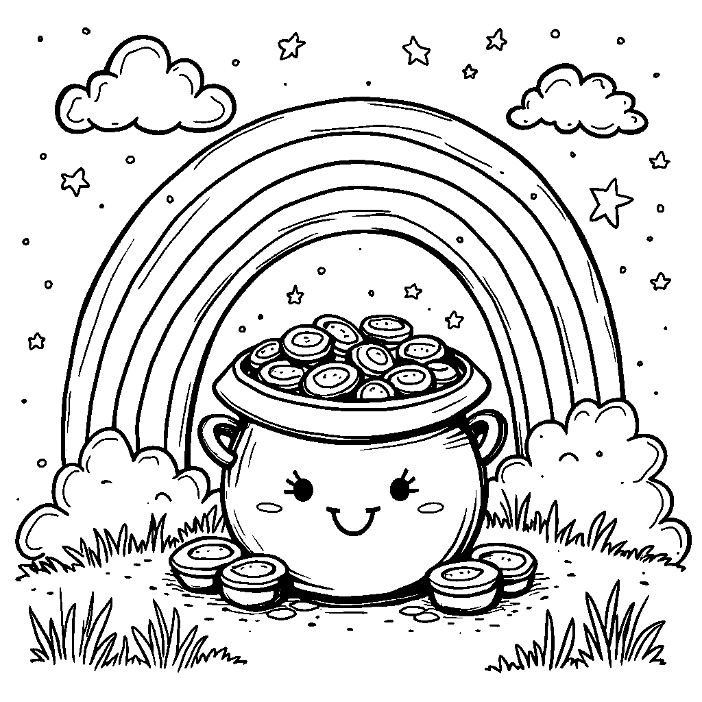 Smiling rainbow with a pot of gold