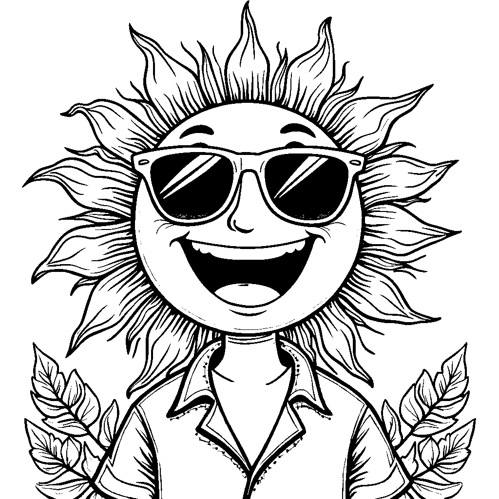 Smiling sun with sunglasses and a Hawaiian shirt