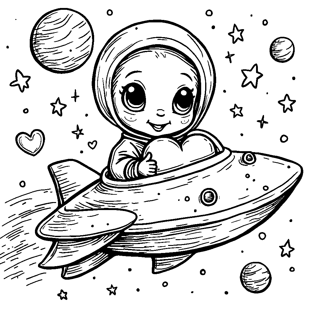 Sweet alien with a heart-shaped spaceship