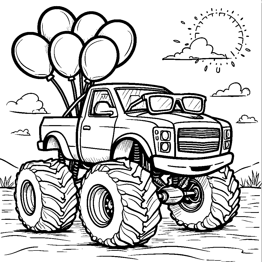 A happy monster truck with a big smile and sunglasses