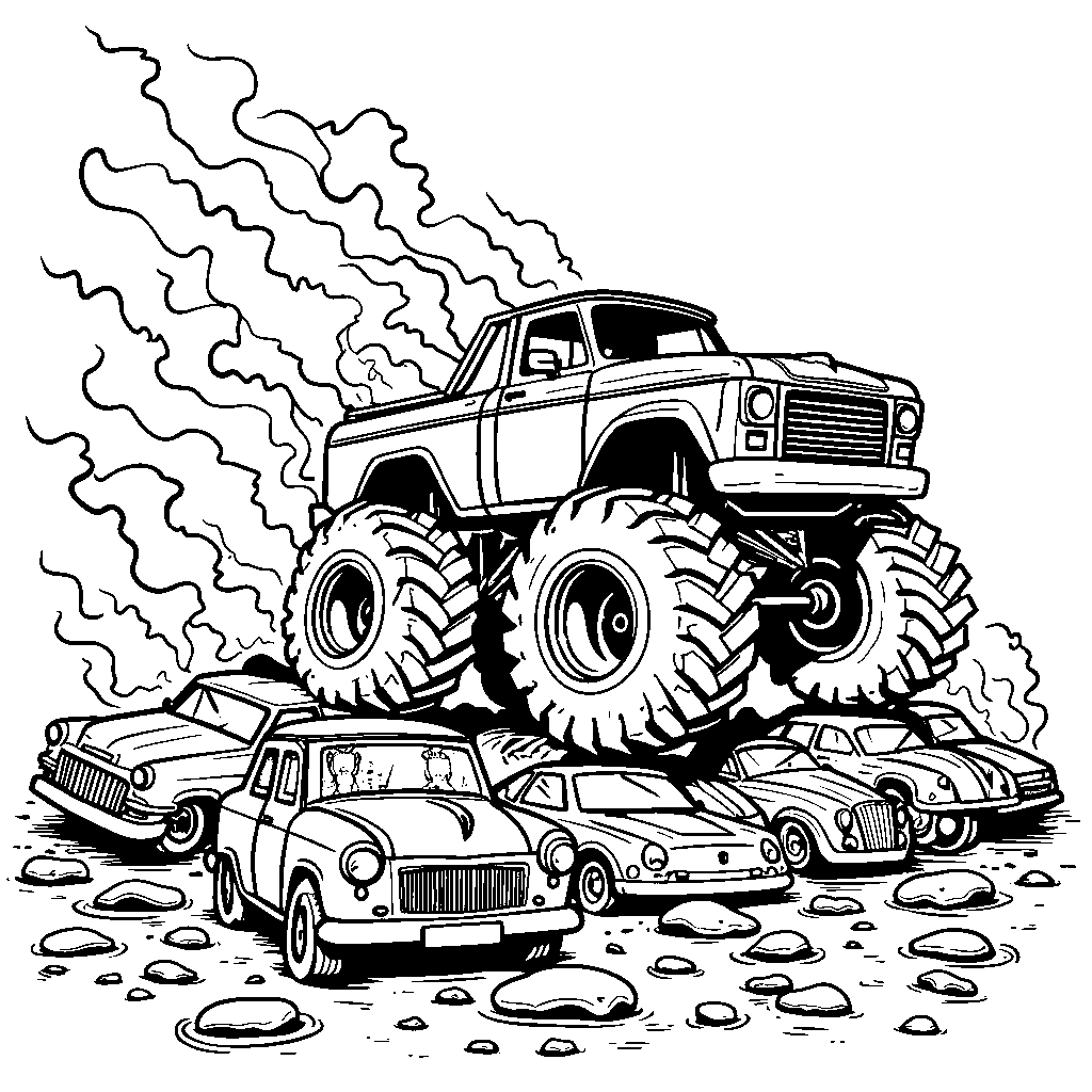 Monster truck crushing cars in a junkyard