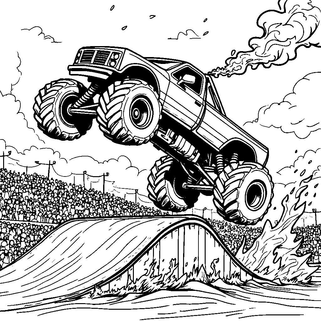 A monster truck doing a wheelie on a halfpipe