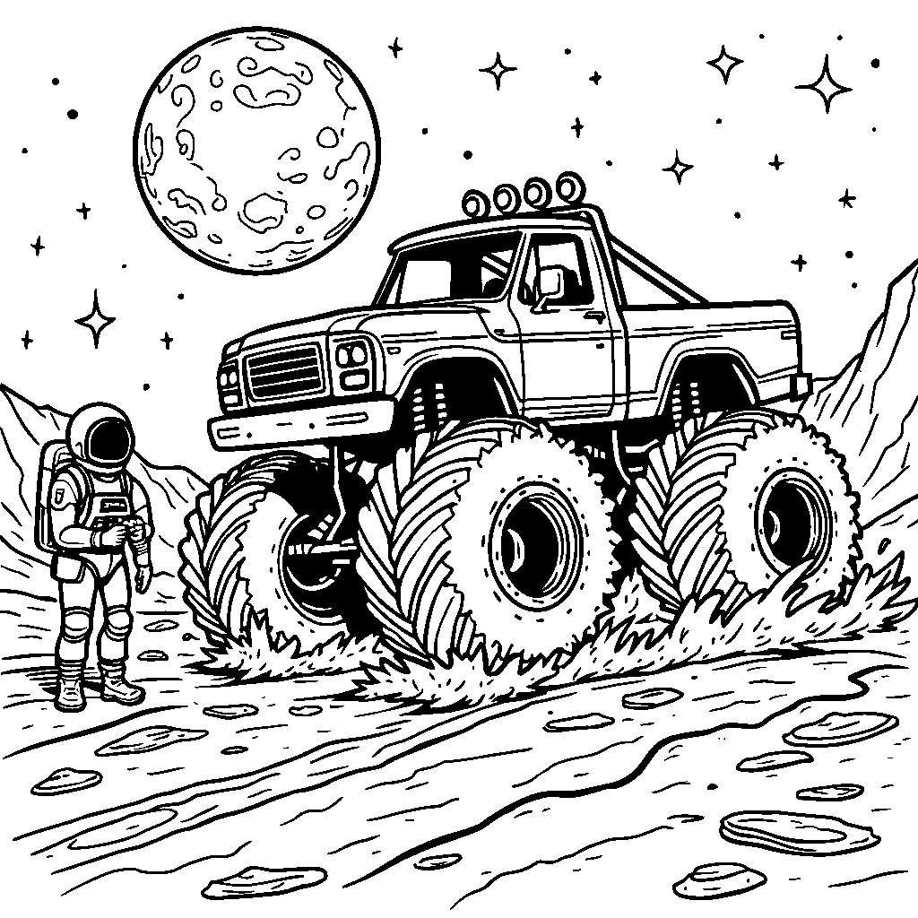 A monster truck driving on the moon with astronauts watching