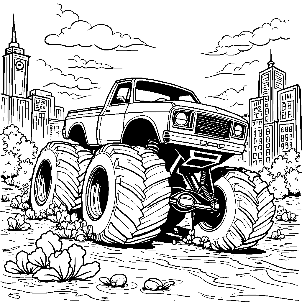 Monster truck driving through a city with buildings and trees