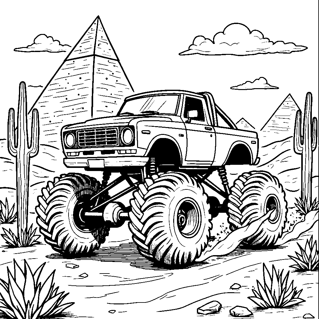 Monster truck driving through a desert with a pyramid in the background