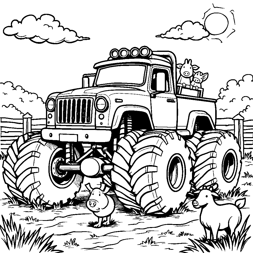 Monster truck driving through a farm with animals watching