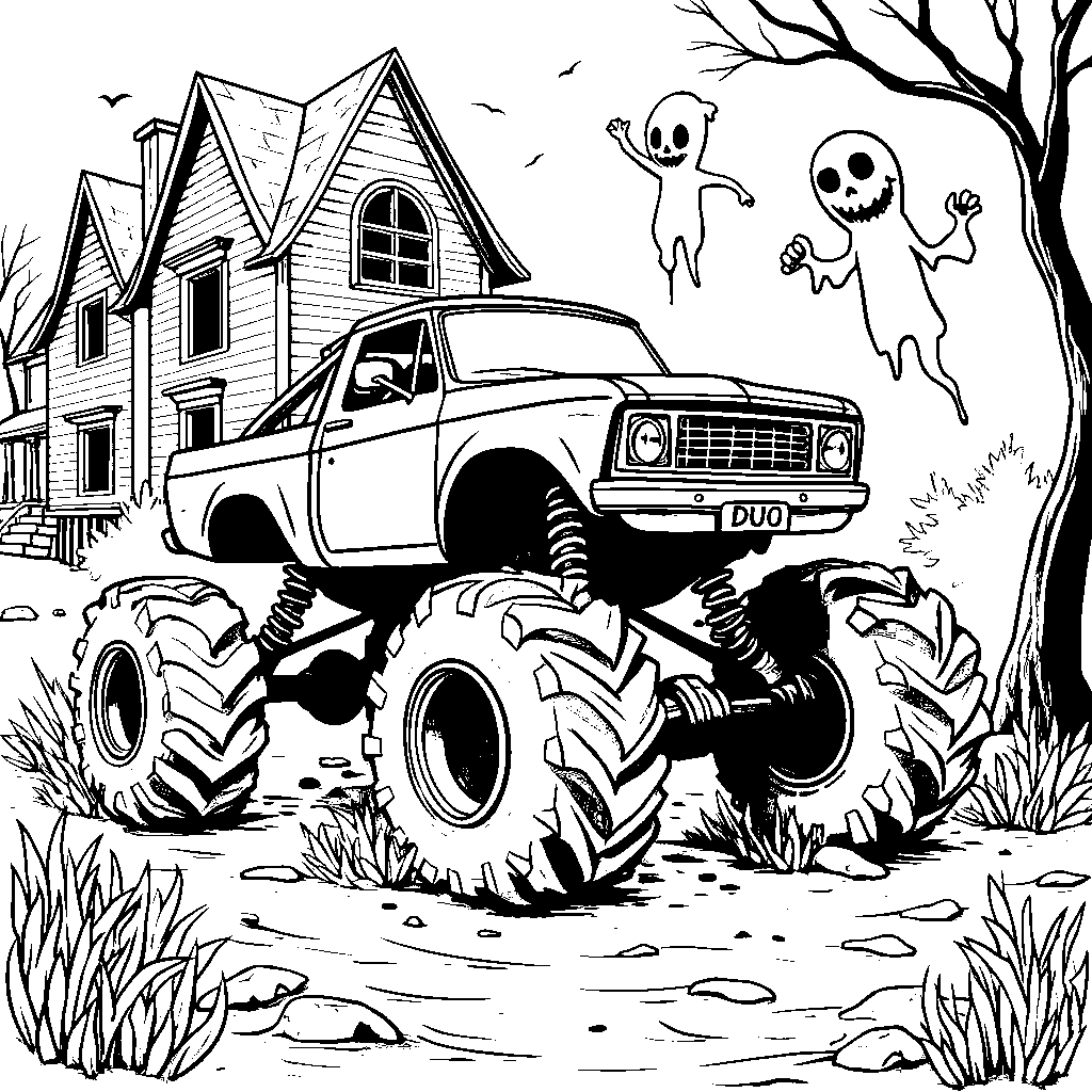 Monster truck driving through a haunted house