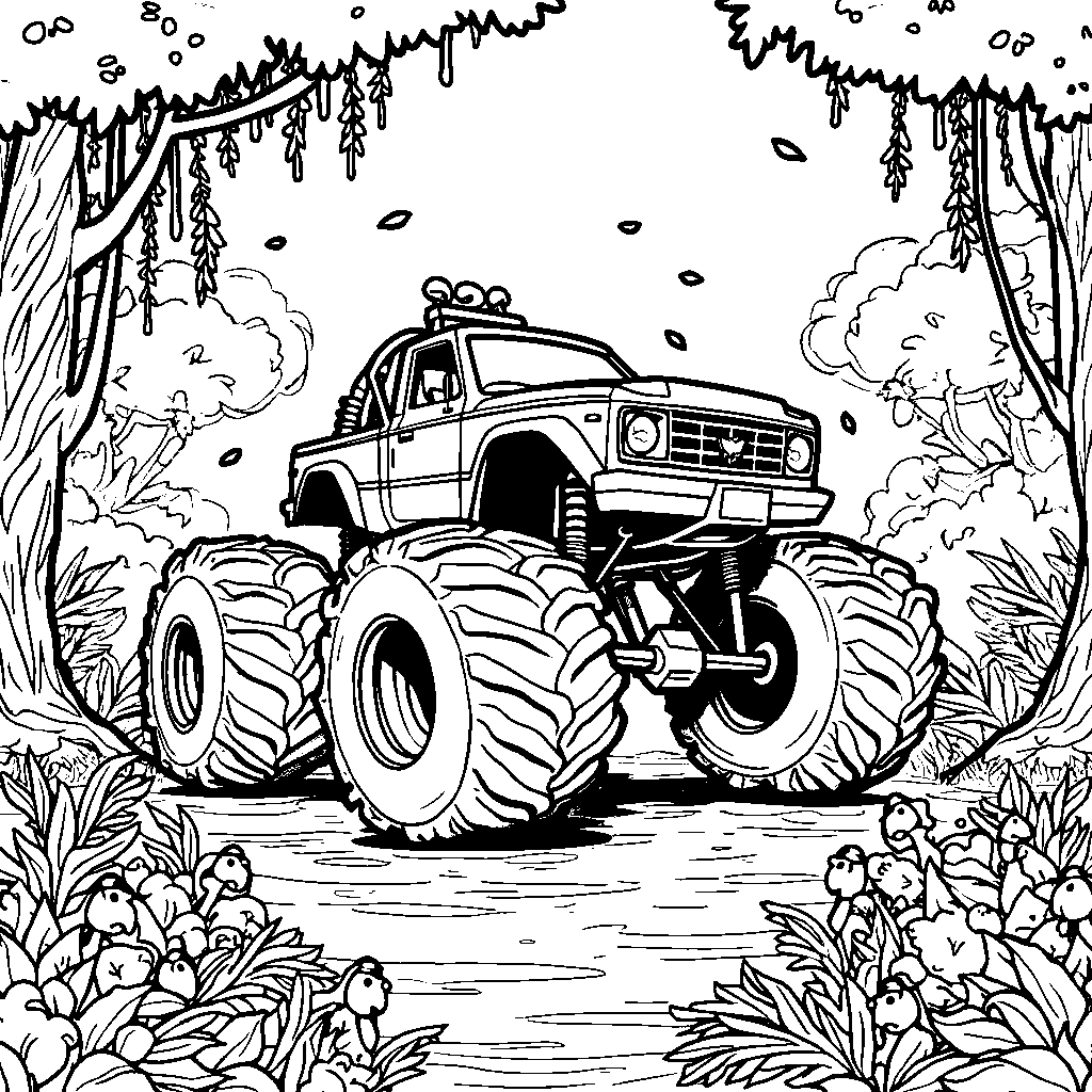 Monster truck driving through a jungle with exotic animals