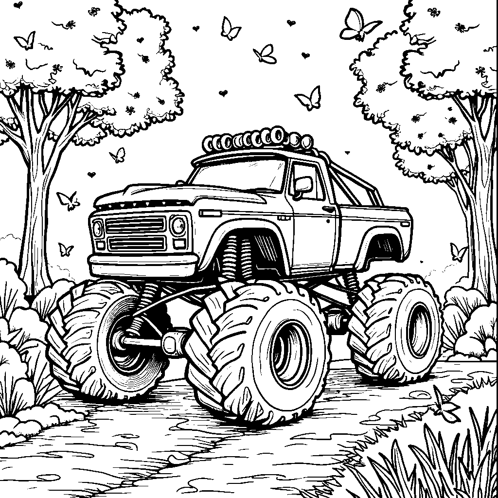 Monster truck driving through a magical forest with fairies