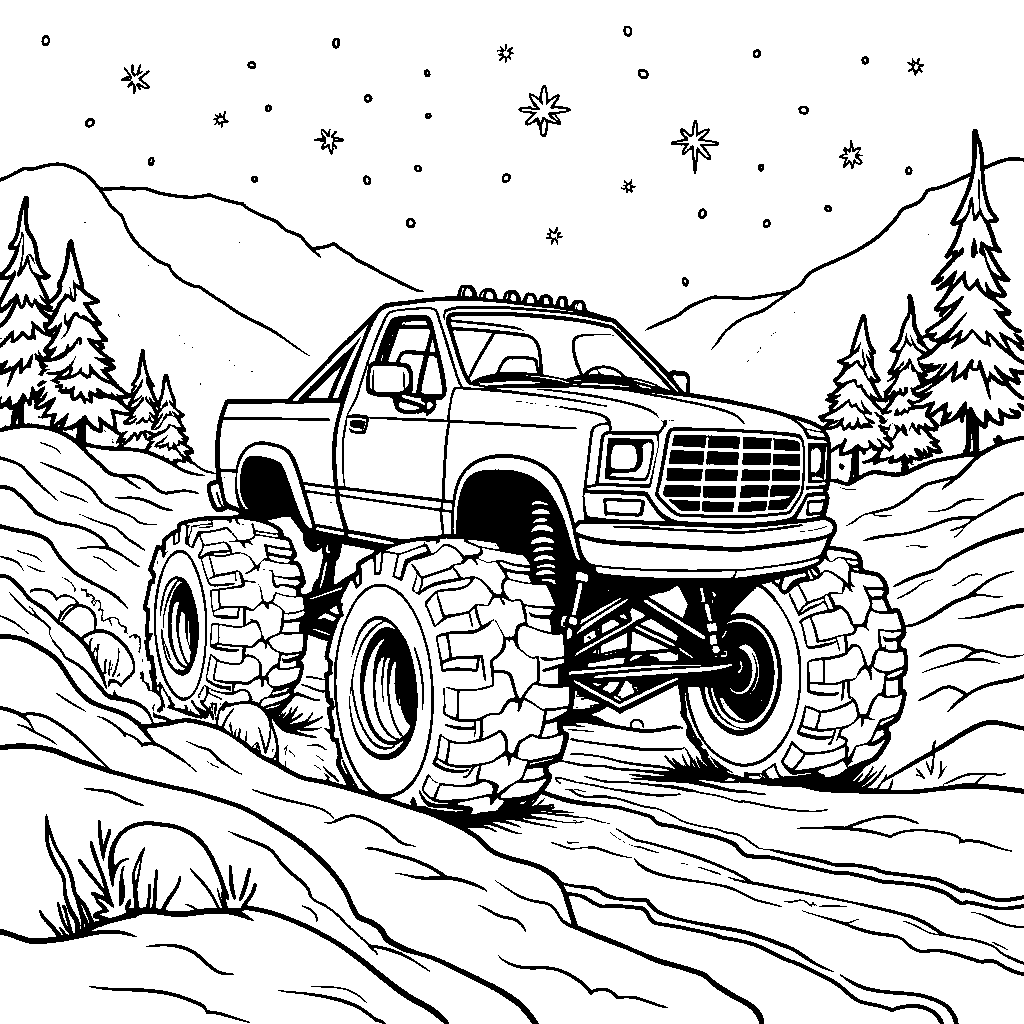 Monster truck driving through a winter wonderland with snowflakes