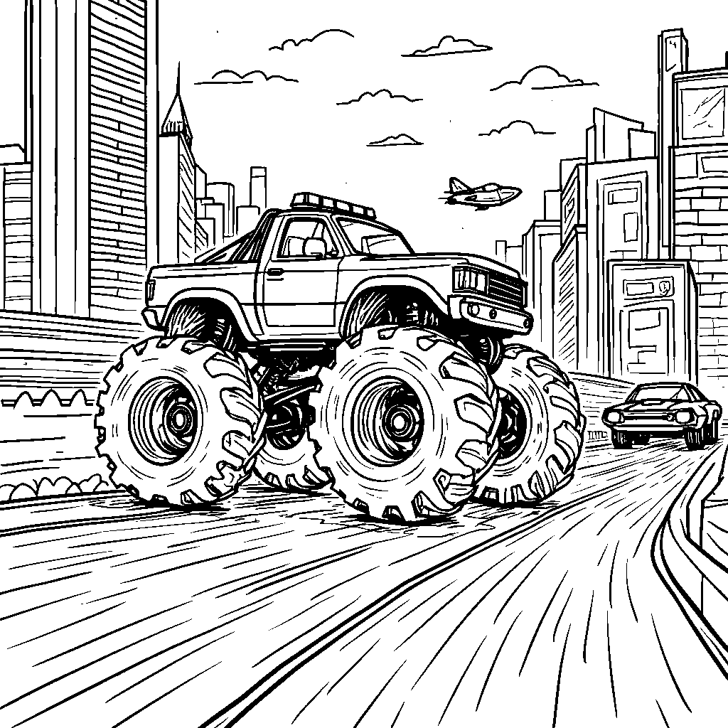 Monster truck driving through a futuristic city with robots