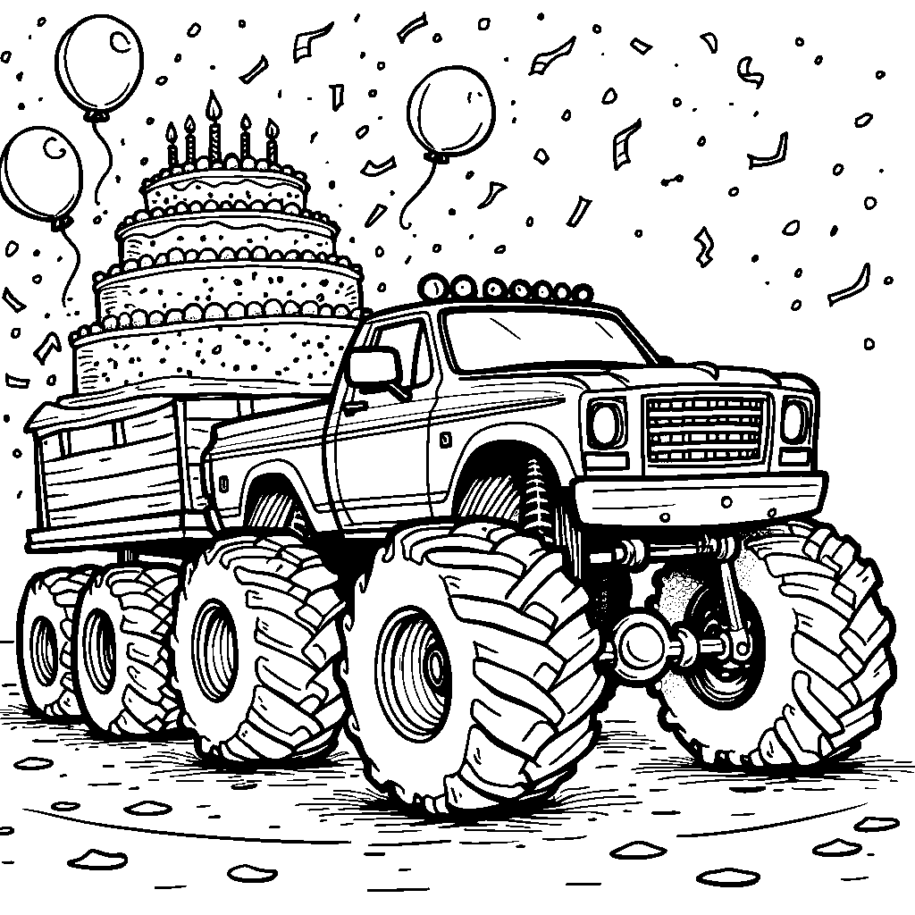 Monster truck pulling a trailer with a giant birthday cake