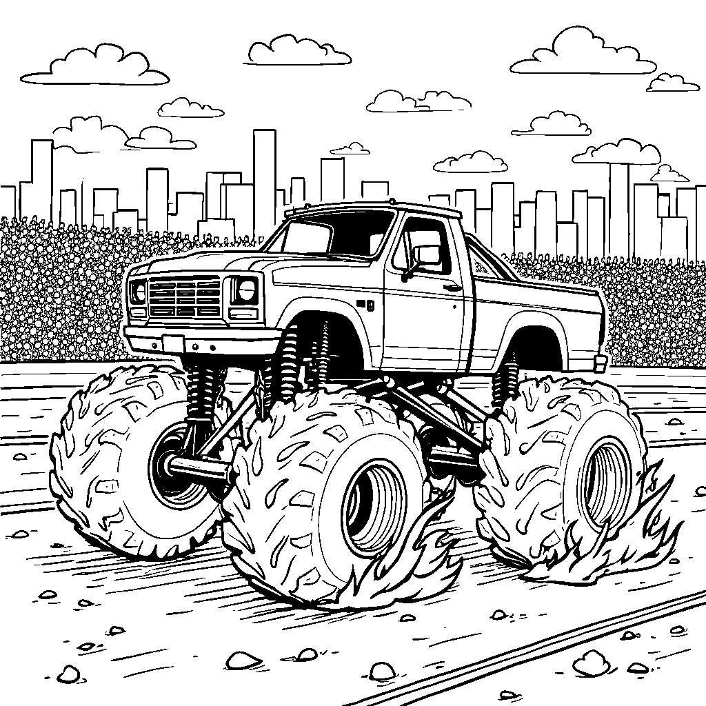 Monster truck racing on a track with flaming tires