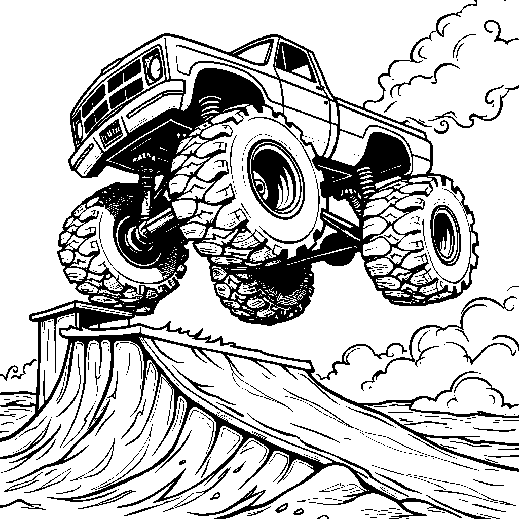 Monster truck riding a skateboard on a ramp