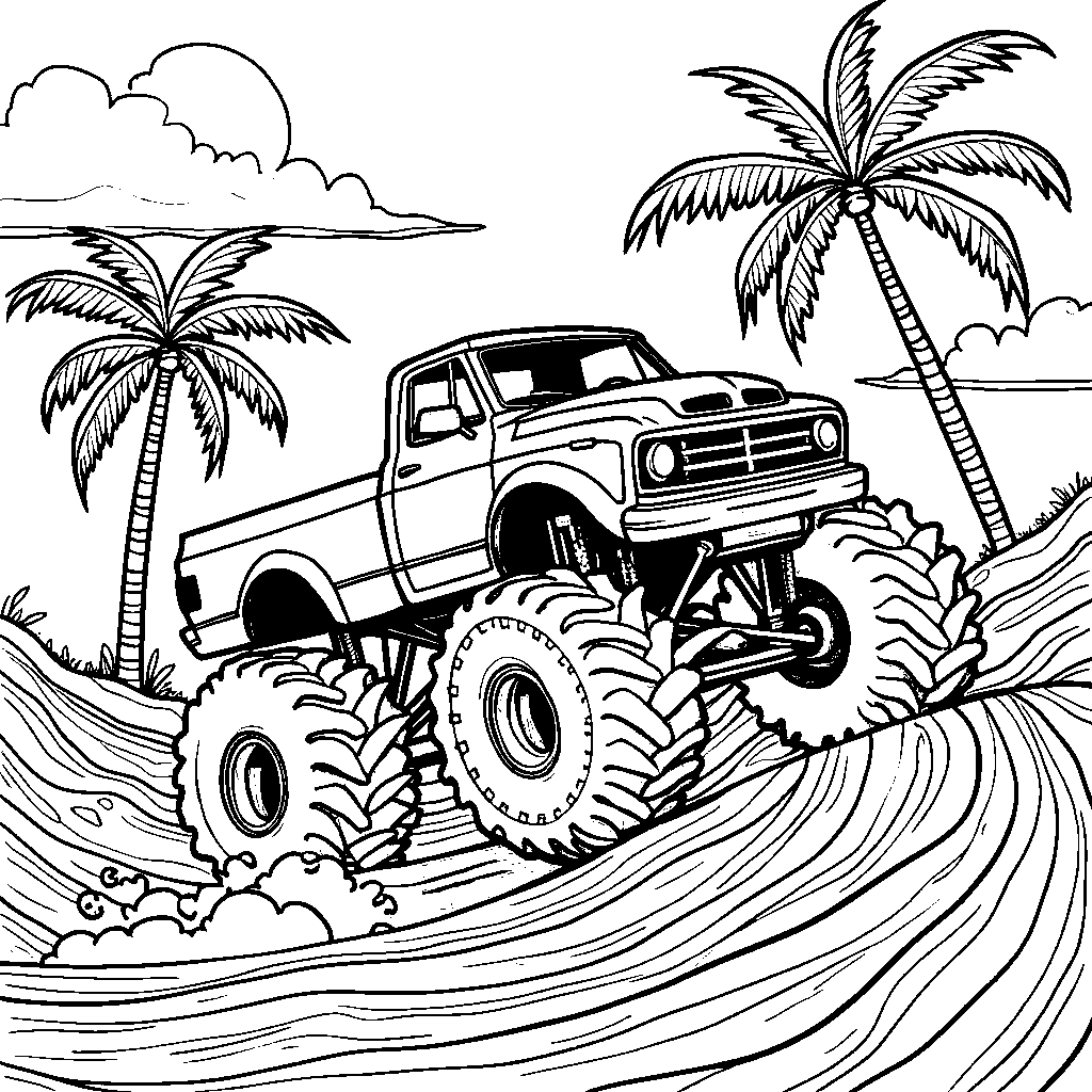 Monster truck riding a surfboard on a giant wave