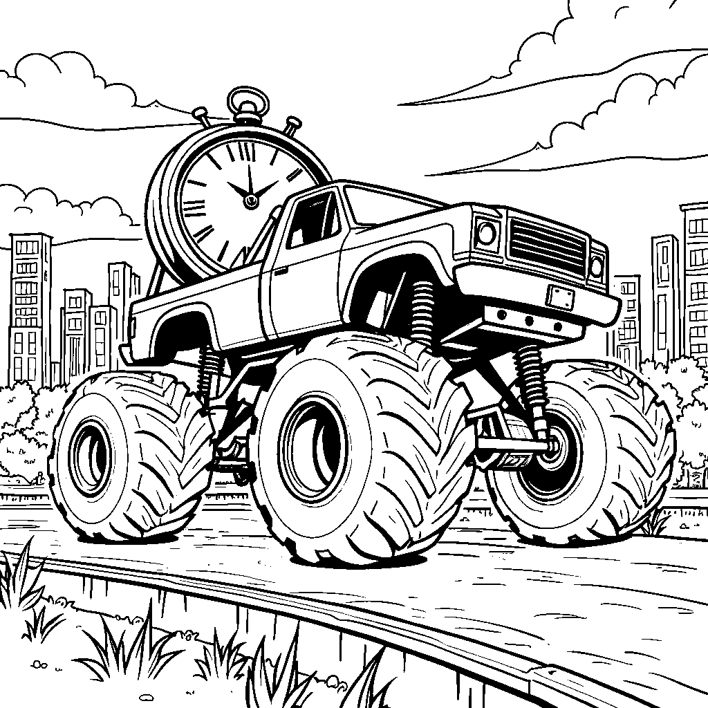 A monster truck with a giant clock and racing against time