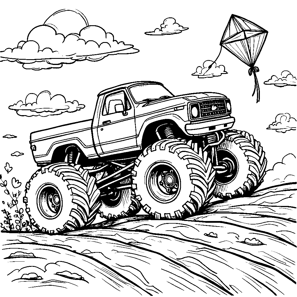 A monster truck with a giant kite flying high in the sky