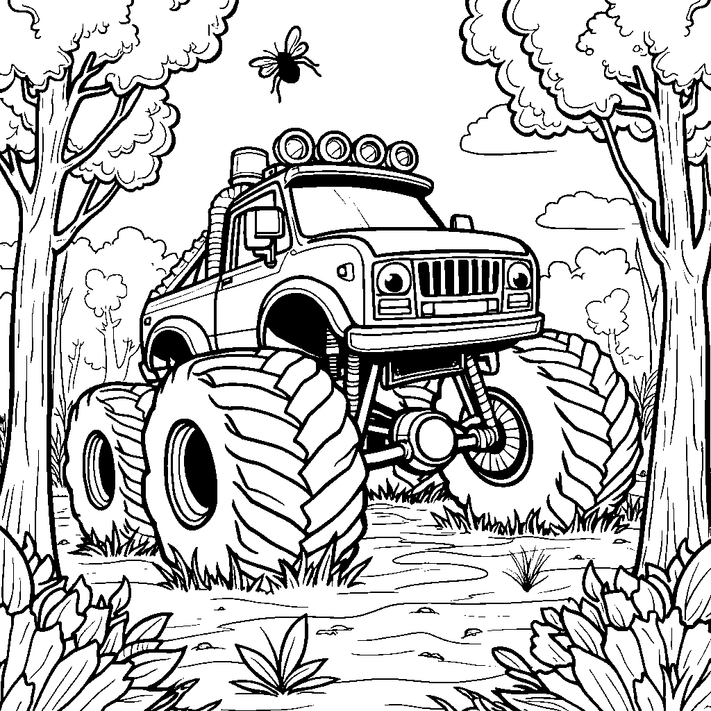 A monster truck with a giant magnifying glass and examining bugs